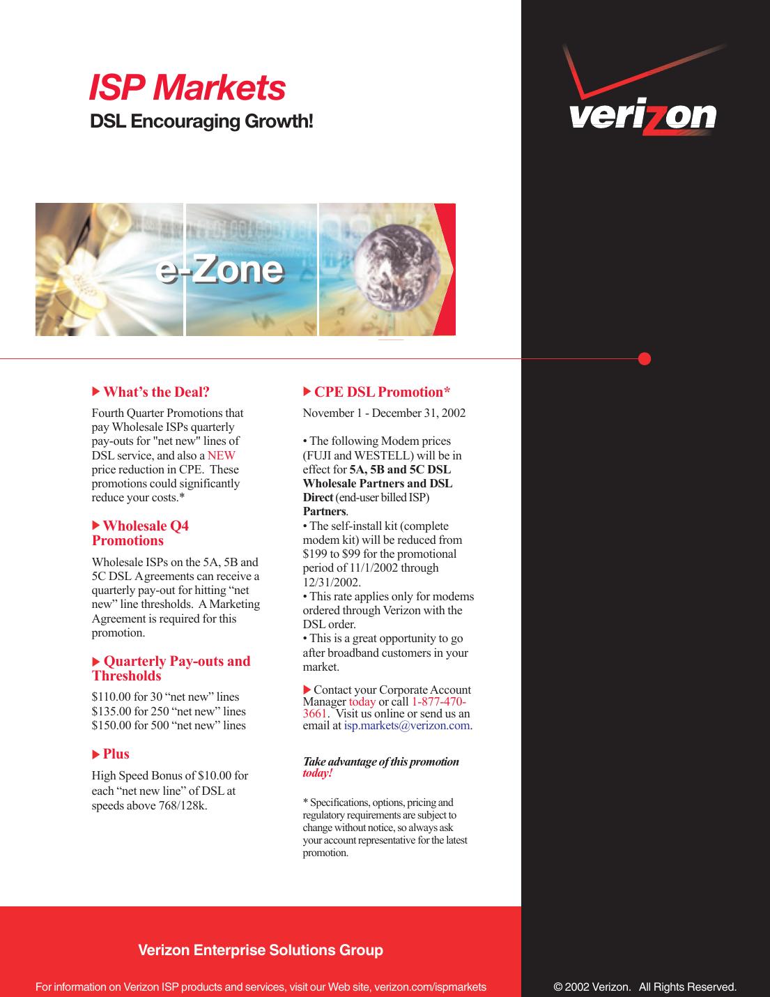 Verizon e-Zone ISP Markets DSL promotional sheet