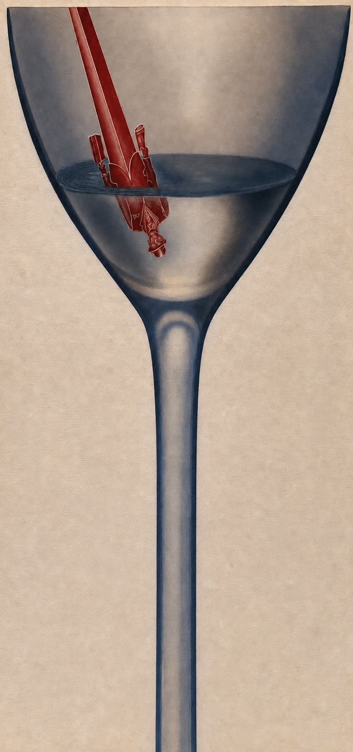 Conceptual editorial illustration of an inverted red figure reflected in a martini glass