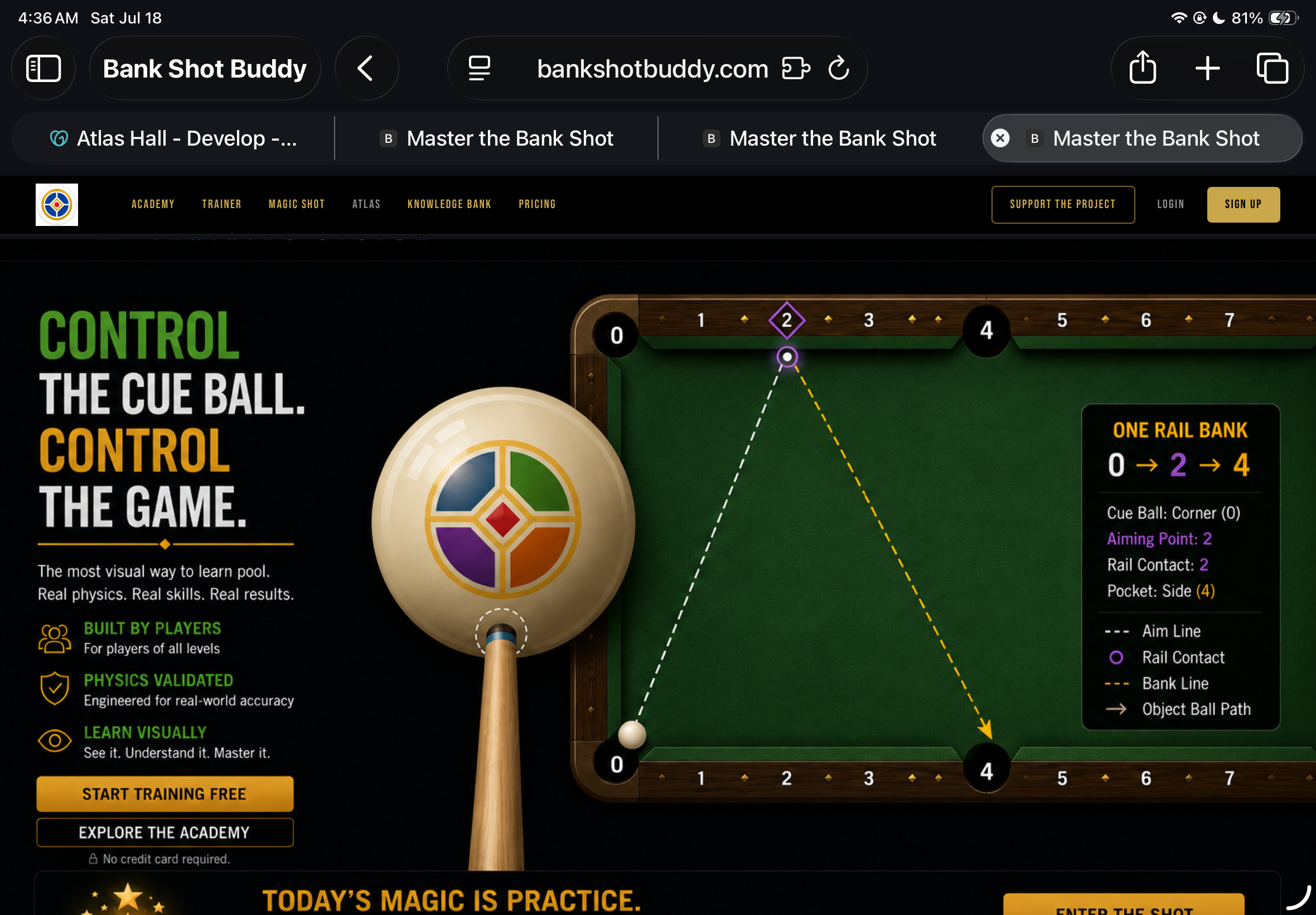Bank Shot Buddy training platform — live site