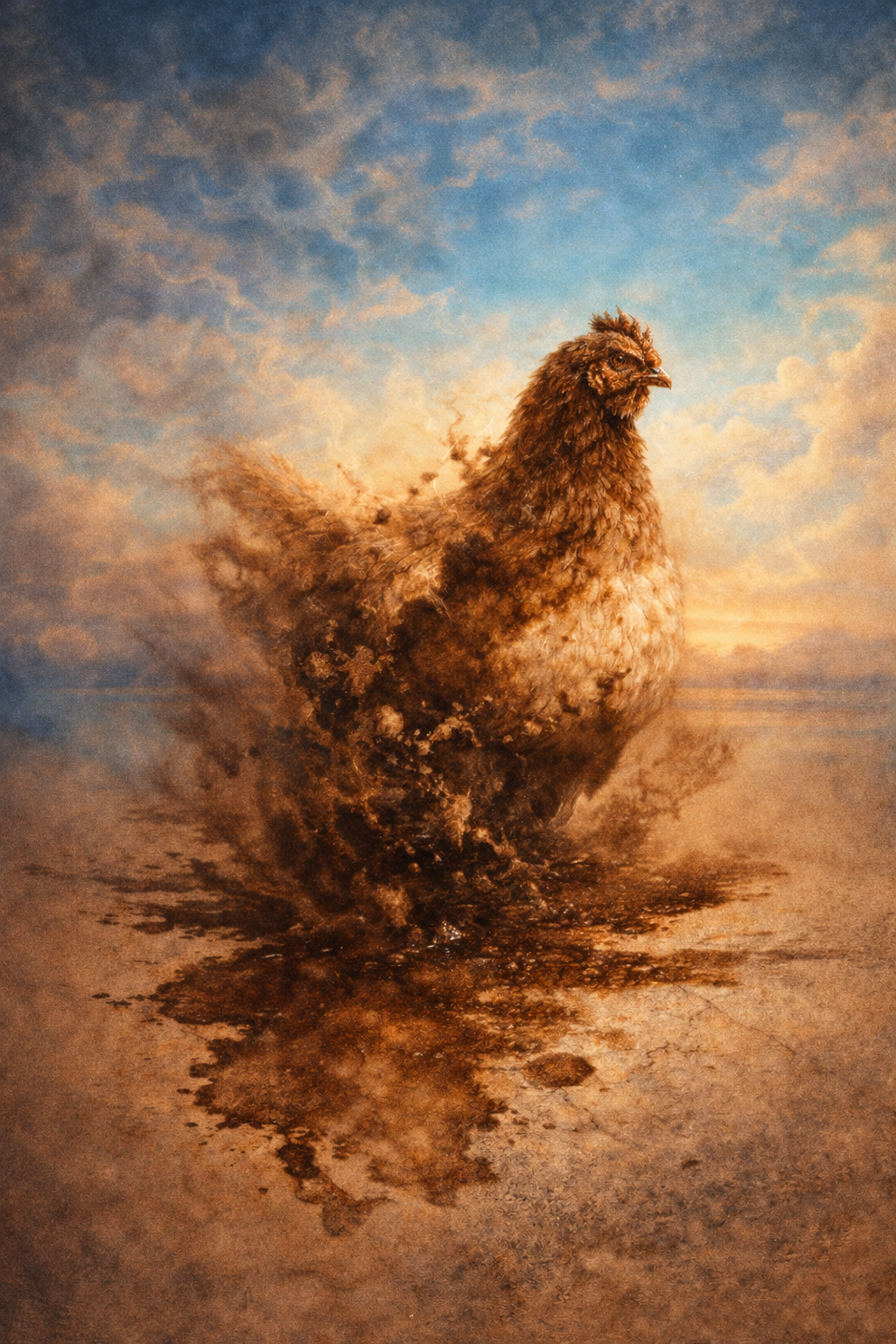 The Chicken and the Stain — painting one, dramatic sky