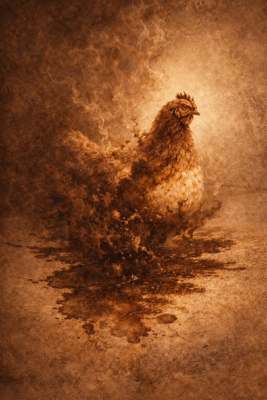The Chicken and the Stain — painting two, warm sepia tones