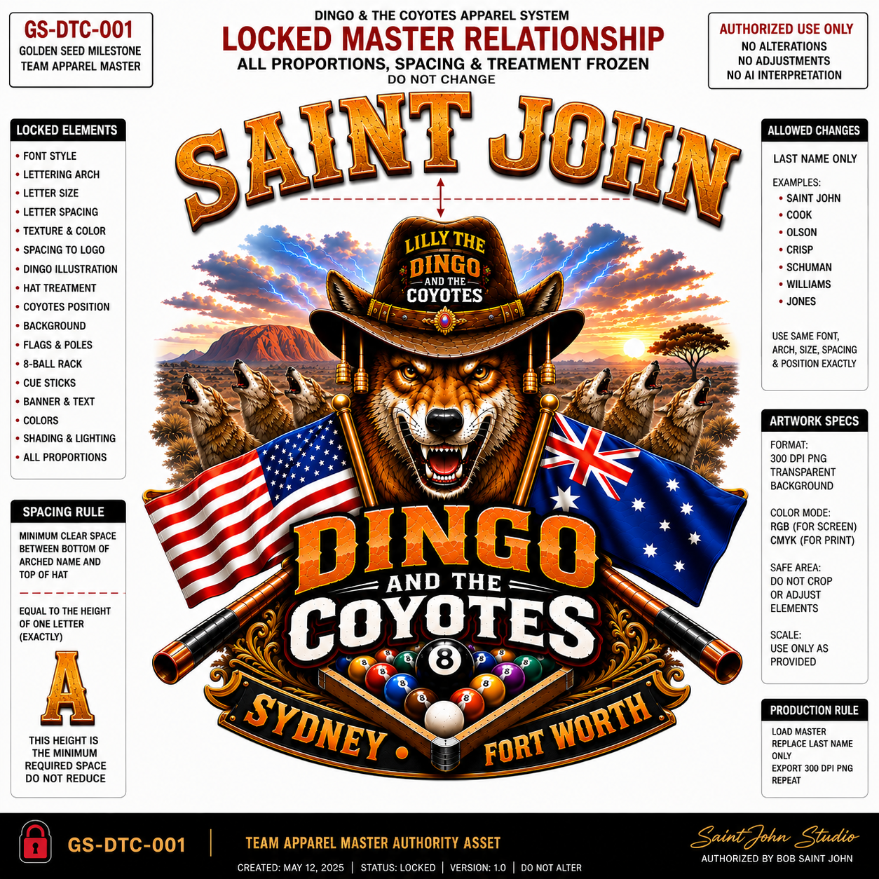GS-DTC-001 — Dingo & the Coyotes locked master brand specification sheet