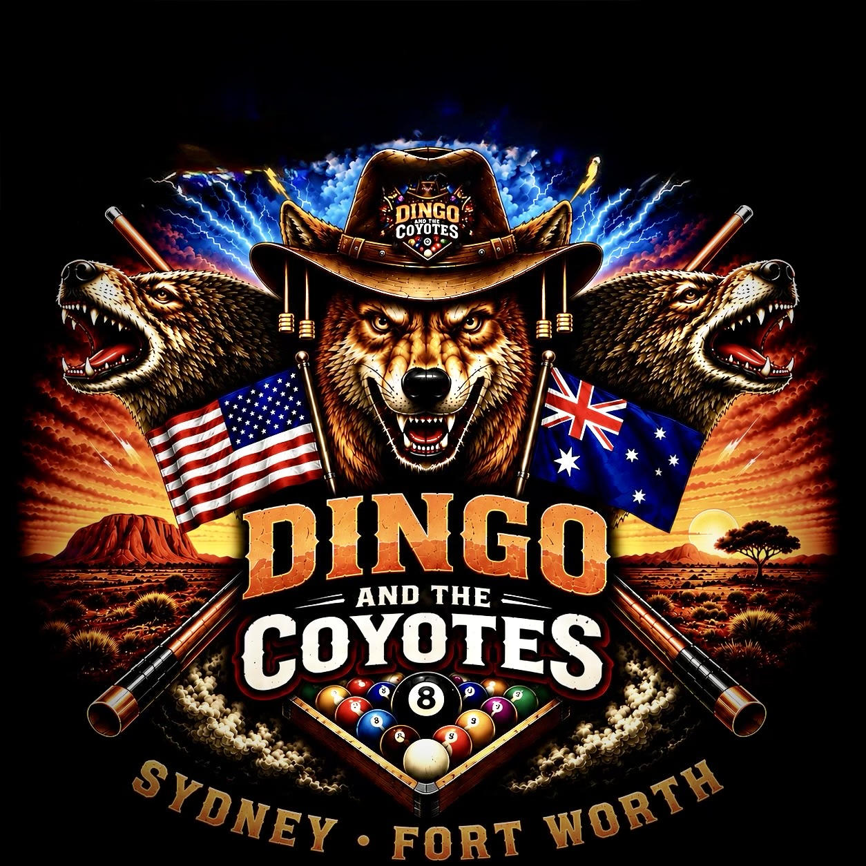 Dingo and the Coyotes — final brand logo featuring a cowboy dingo with crossed cues, US and Australian flags, Sydney · Fort Worth