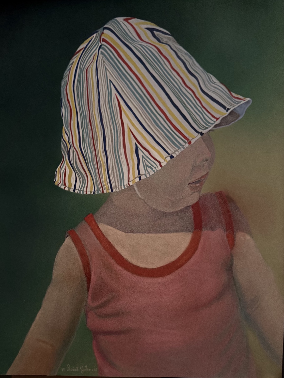 Child fashion illustration featuring a striped sun hat
