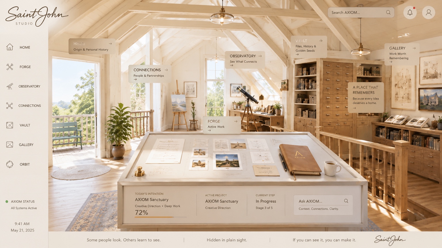 AXIOM studio environment showing a visual workspace for the forge, observatory, connections, vault and gallery