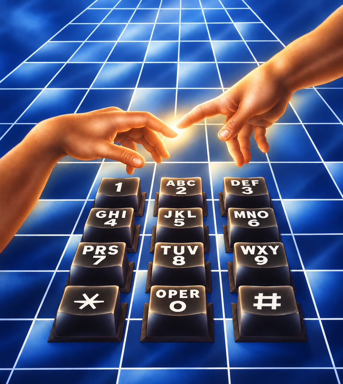 Hands reaching toward one another above a telephone keypad