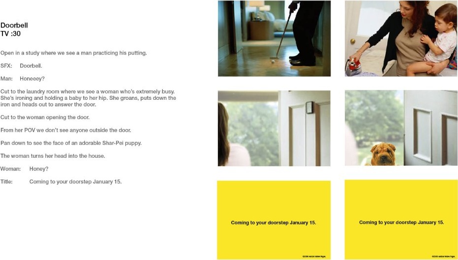 Doorbell thirty-second television storyboard with the original script and six panels