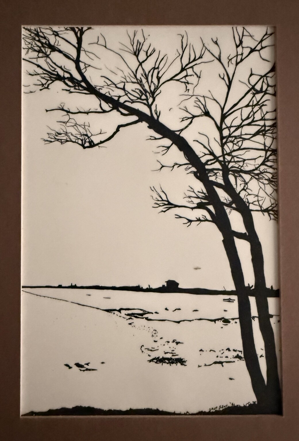 Winter tree drawing overlooking the water near Portsmouth