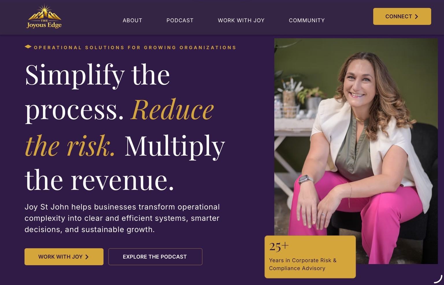 Complete current Joyous Edge homepage showing Joy St. John and the purple-and-gold brand system