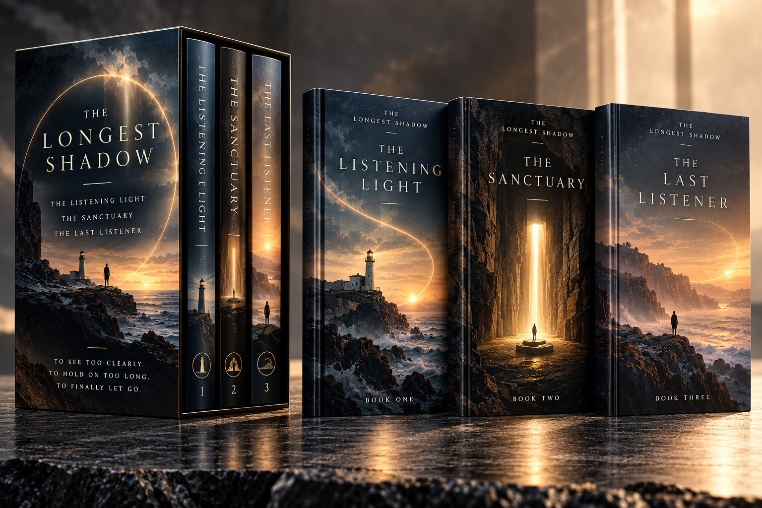 The Longest Shadow boxed trilogy, with all three spines visible in the slipcase and matching covers for The Listening Light, The Sanctuary, and The Last Listener displayed alongside it.
