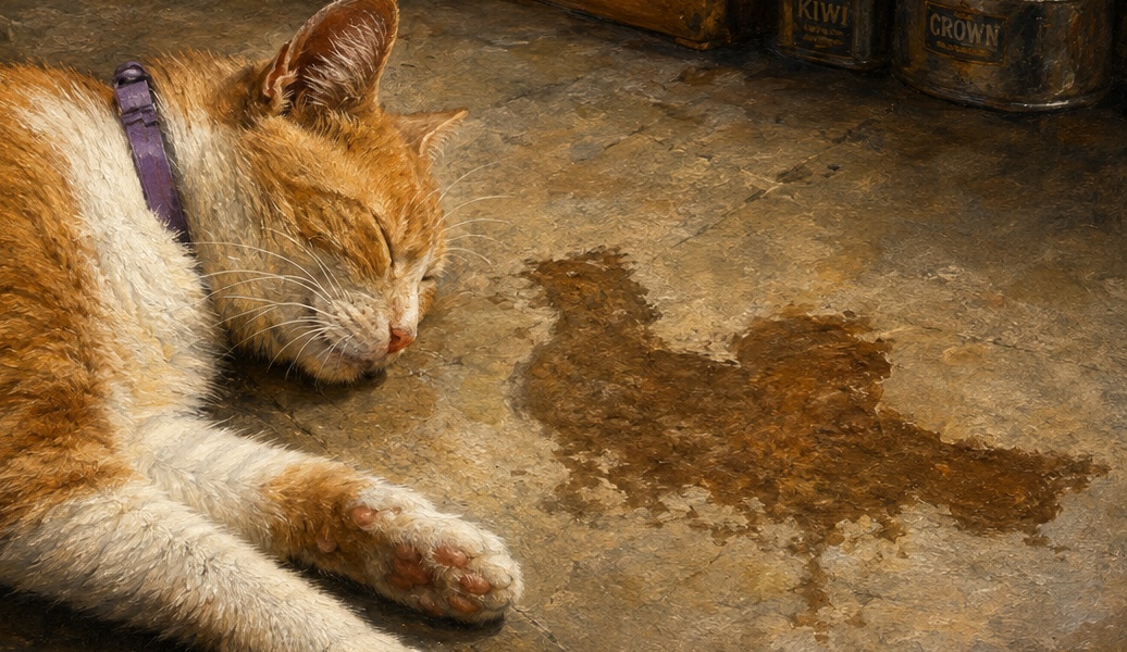 Narrative painting of Peaches beside the chicken stain