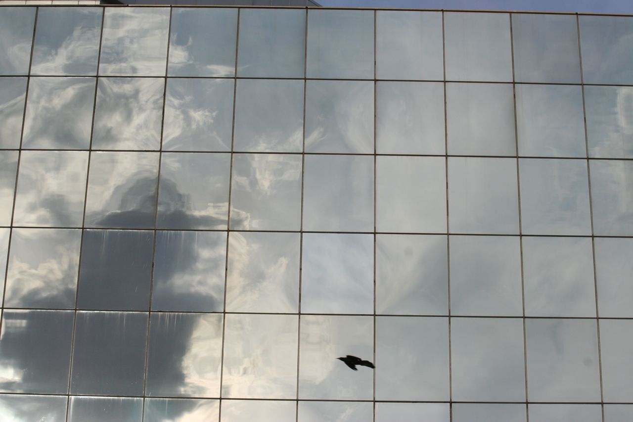 Clouds reflected across a gridded glass facade