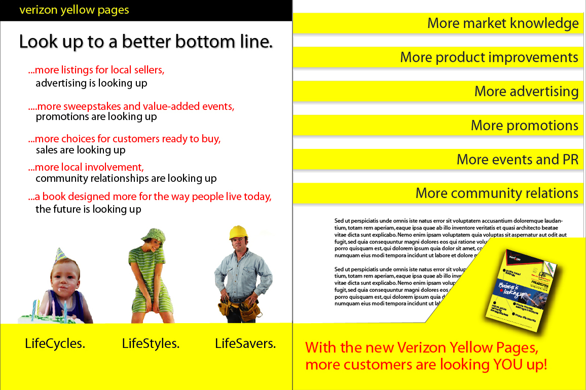 Verizon Yellow Pages promotional spread headed Look up to a better bottom line, with LifeCycles, LifeStyles and LifeSavers imagery