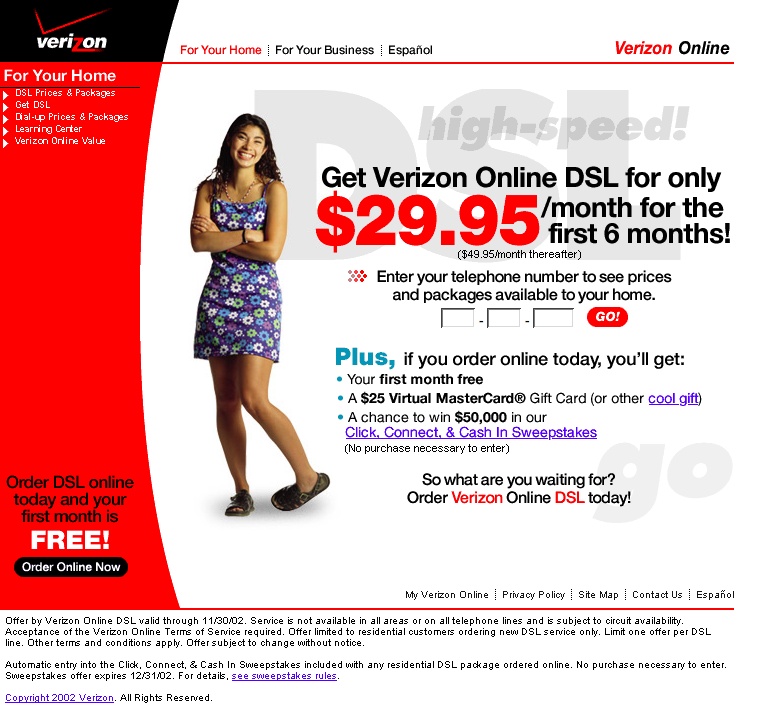 Archived Verizon Online DSL page with a red sidebar, customer photograph and introductory offer